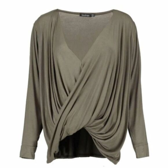 Boohoo Plunge Neck Drape Long Sleeved Top in Olive, AU Size 4, Us 2/Small. NWT! - Picture 4 of 9
